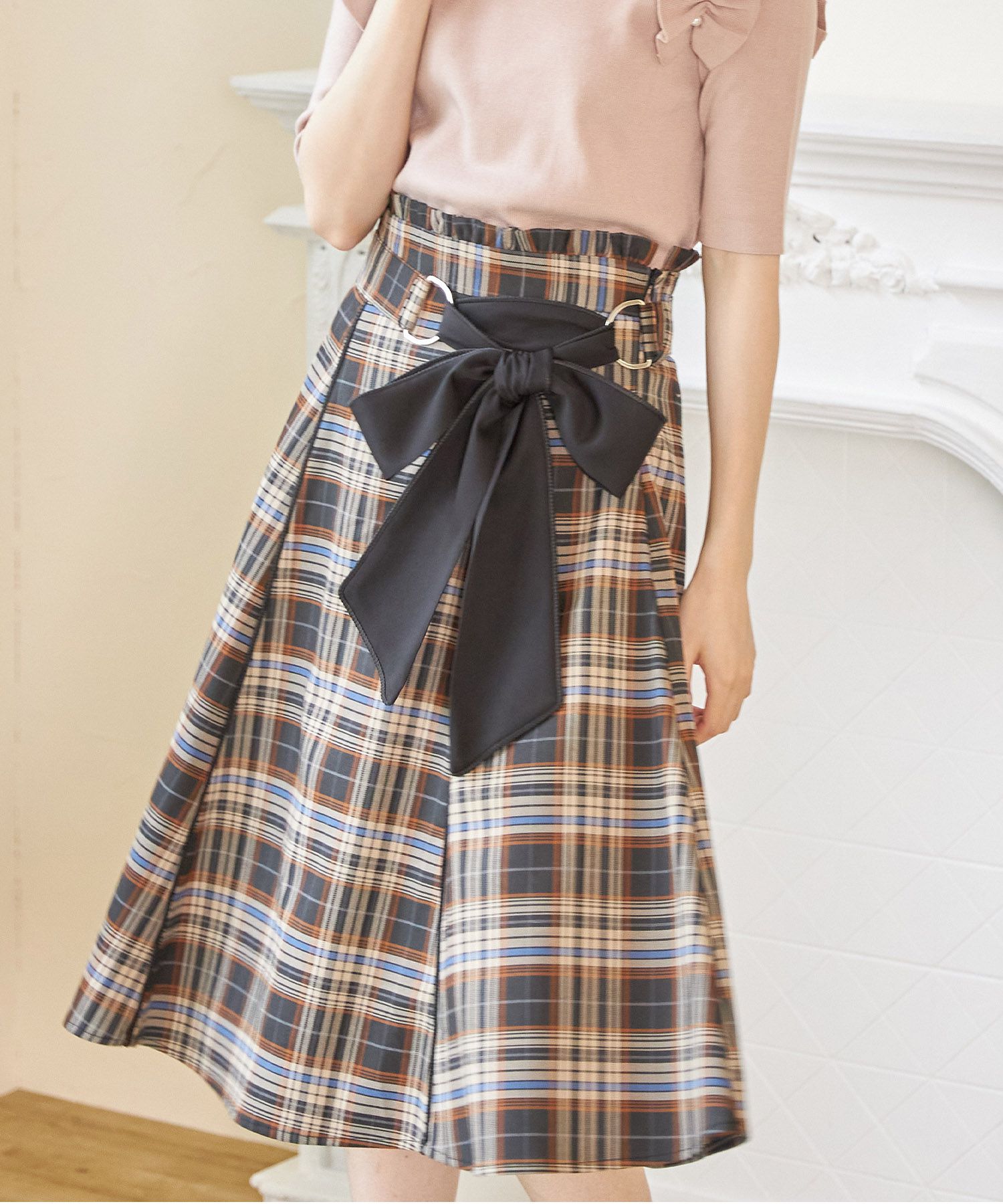 日本 tocco-closet - 蝴蝶紐結格紋修身長裙-簡約黑