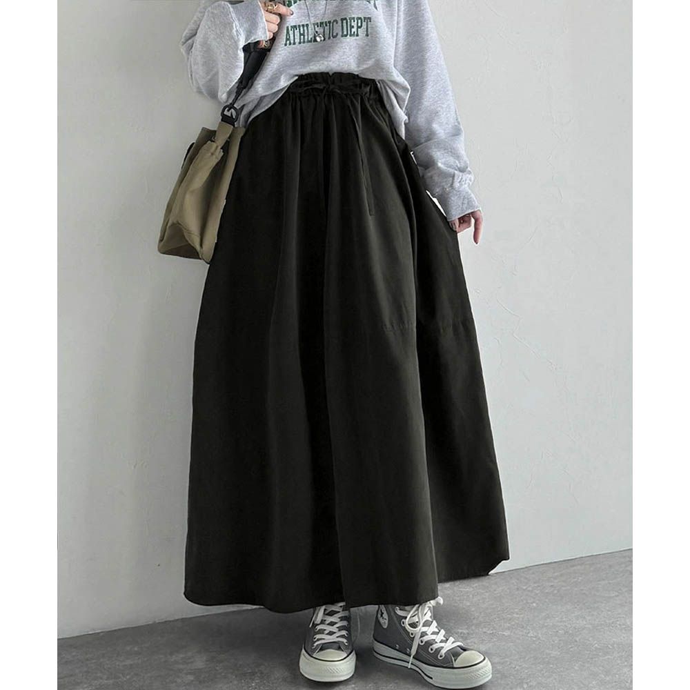 Java 桃皮磨毛感繭型蓬盈長裙(有口袋)-黑