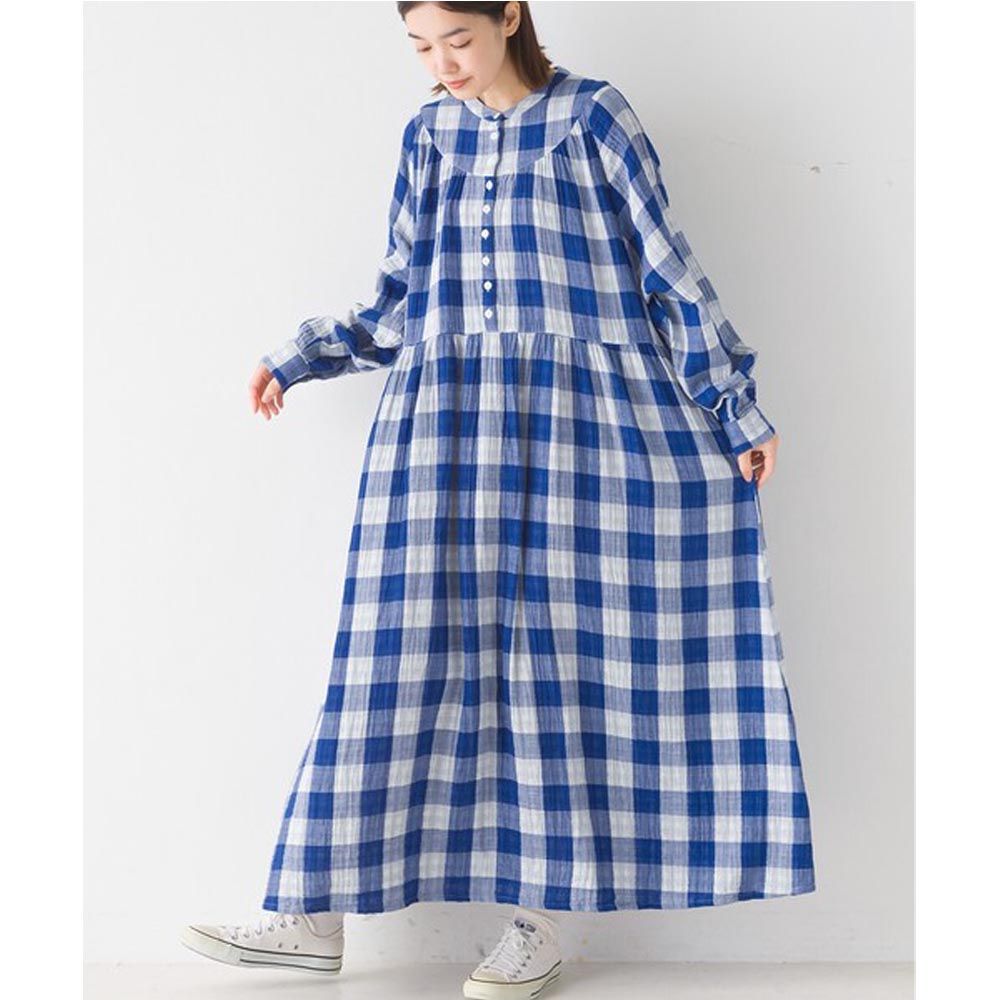 日本 OMNES - 質感二重紗寬版長袖洋裝-格紋-藍白