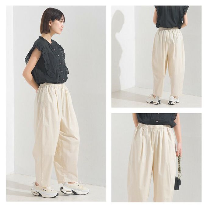 日本 OMNES - 100%棉 皺褶感休閒寬褲-摩卡