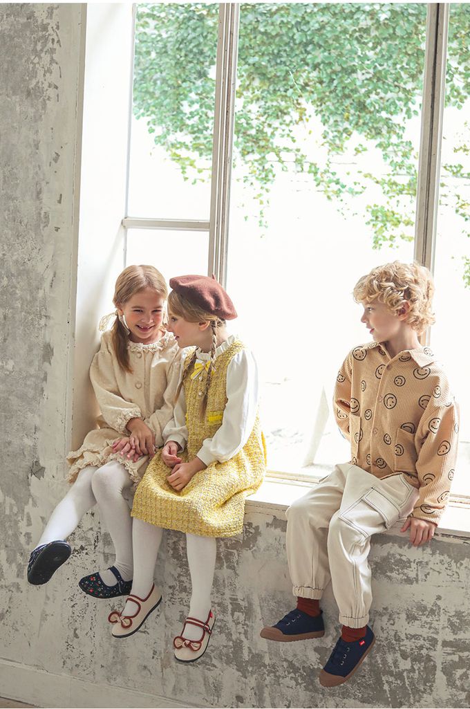 韓國 OZKIZ - 圓形笑臉印燈芯絨翻領長袖襯衫-卡其