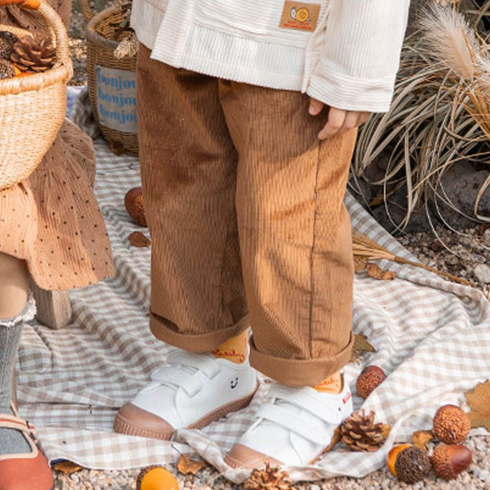 鬆緊腰狗狗刺繡裝飾燈芯絨長褲-巧克力咖