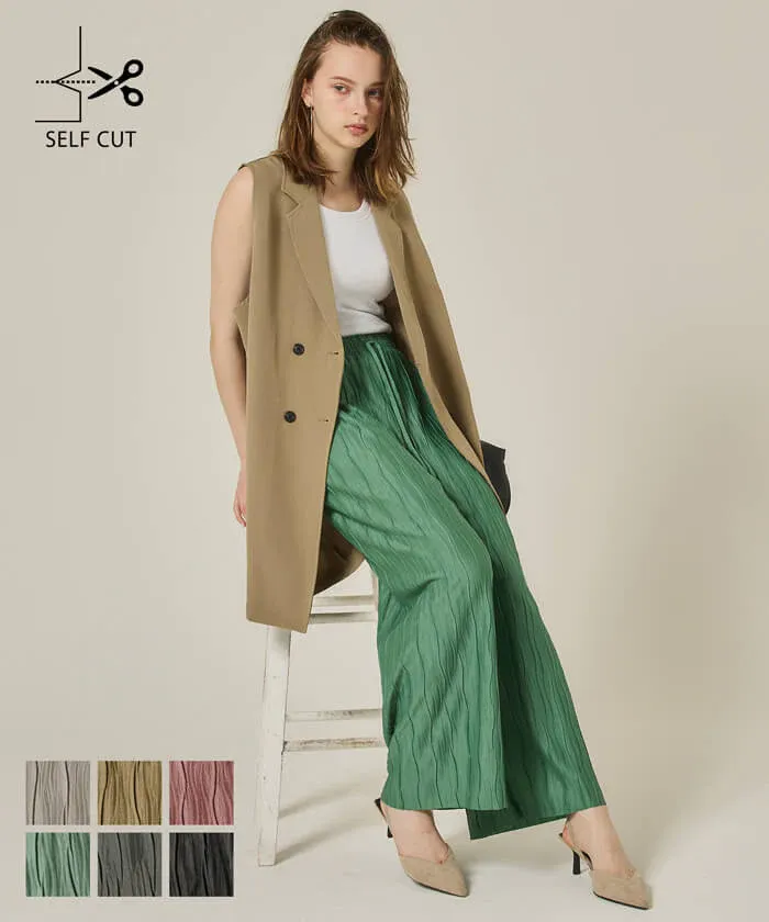 日本 COCA - [可剪裁] 百搭波浪紋垂墜寬褲-草綠