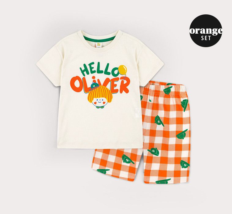 韓國 HEJMINI - 黃毛女孩格子套裝-橘