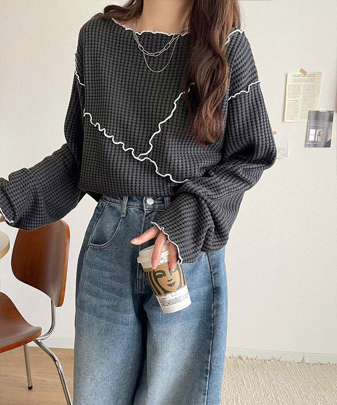 日本 Classical Elf - 2way華夫格木耳捲邊浪漫長袖上衣-炭灰