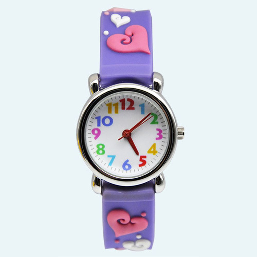 3D立體卡通兒童手錶-經典小圓錶-紫Ｘ粉愛心