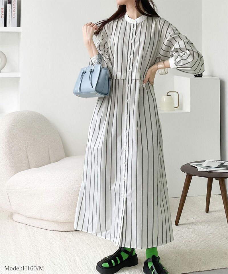 日本 Classical Elf - 修身立領泡泡袖襯衫洋裝-直條紋-海軍藍