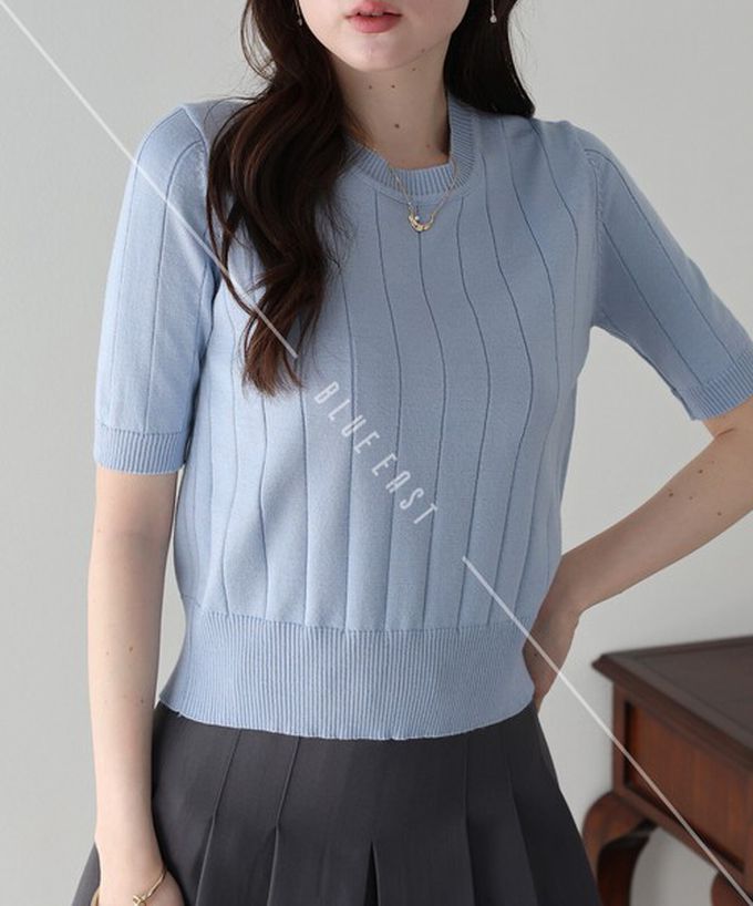 日本 BLUE EAST - 羅紋彈性薄針織五分袖上衣-水藍