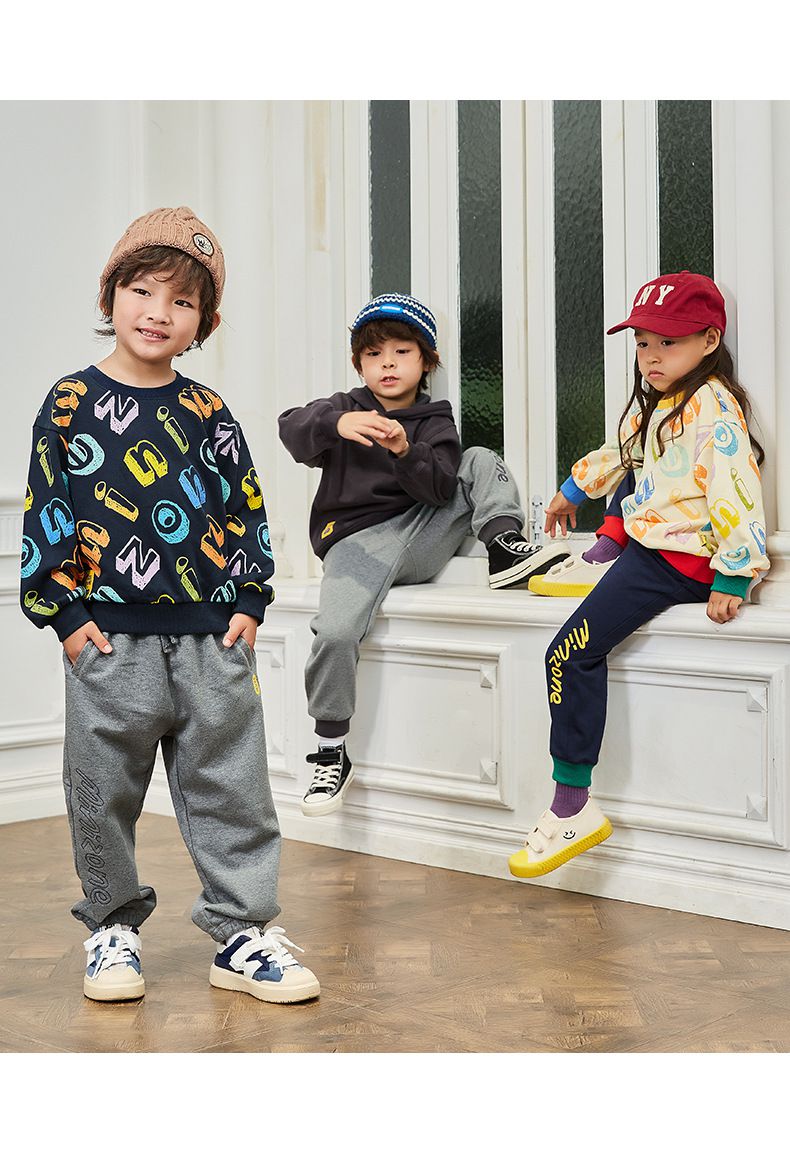 Minizone - 圓領長袖上衣-蠟筆字母-深藍色