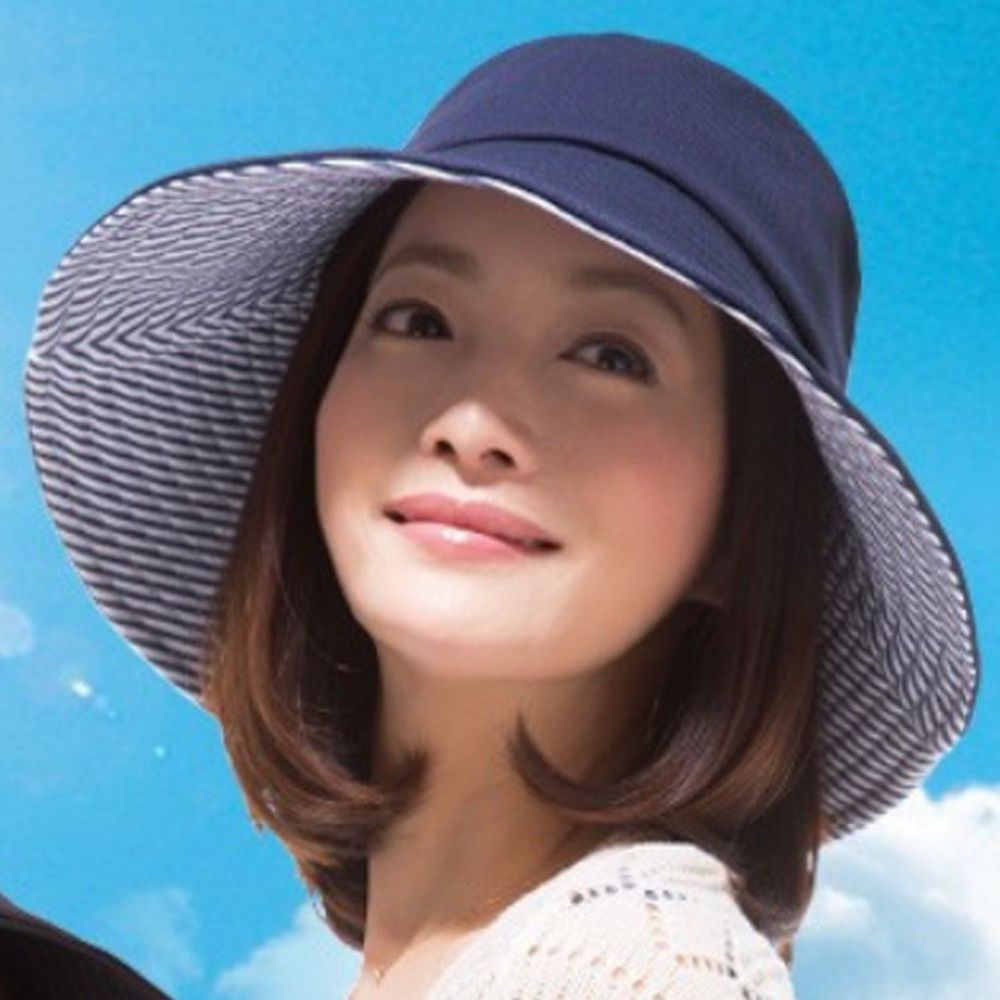 日本 SUN FAMILY - 12cm帽簷可折疊抗UV涼感遮陽帽-深藍x條紋 (頭圍57.5cm內)