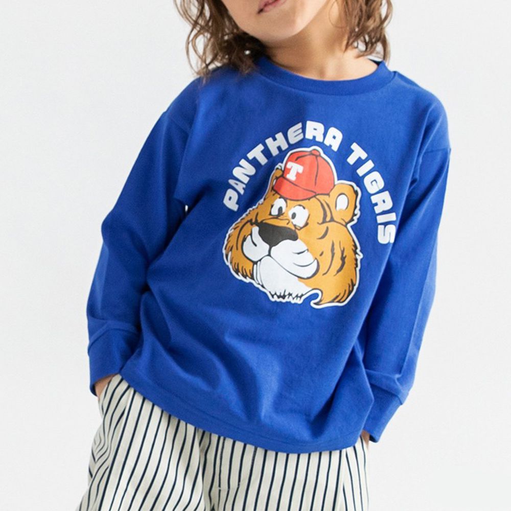 100%棉 美式印花薄長袖上衣-老虎-寶藍