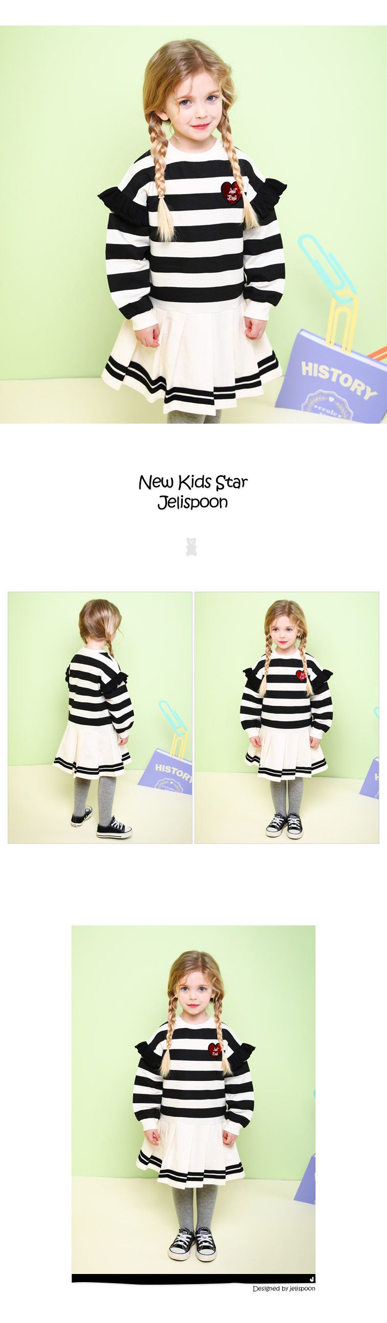 韓國 Jelispoon - 條紋上衣百褶拼接感洋裝