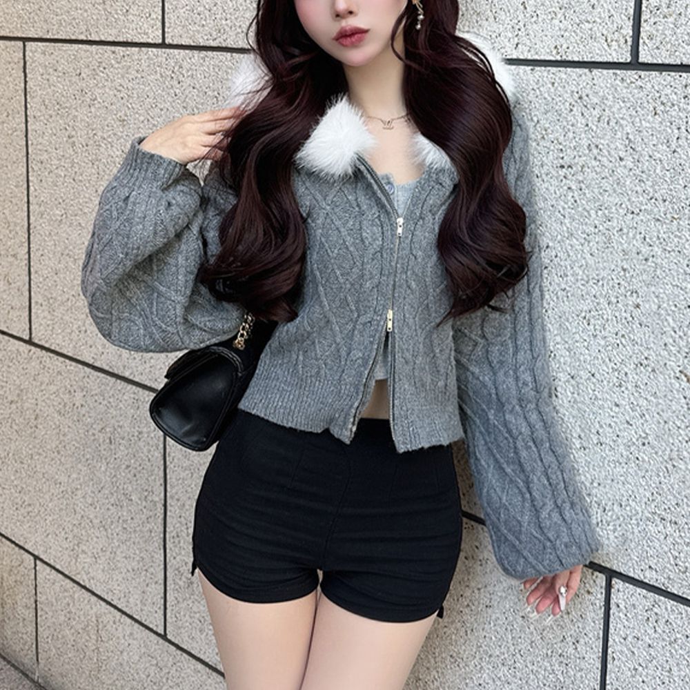 短版麻花針織溫暖毛絨連帽外套-灰 (F)