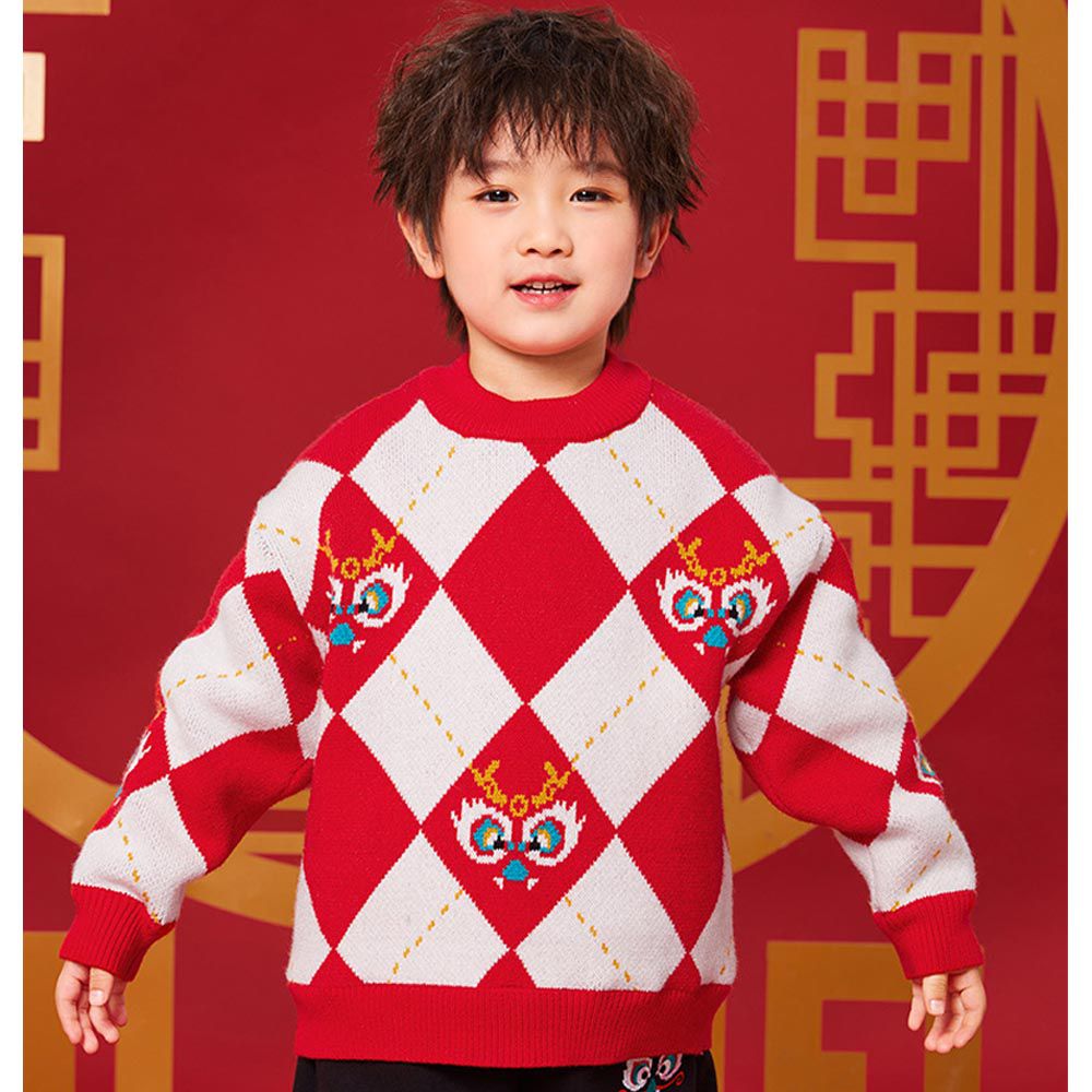 (加絨)喜氣拜年圓領針織長袖毛衣-福氣龍-紅+白