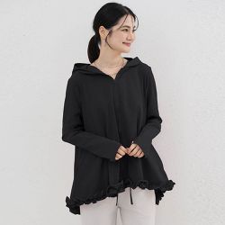 Yukié - 設計感前短後長連帽防曬外套-荷葉邊-黑色