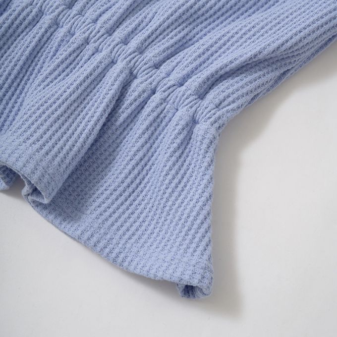 日本 Lycee mine - 華夫格領口小花束腰長袖上衣-淺藍