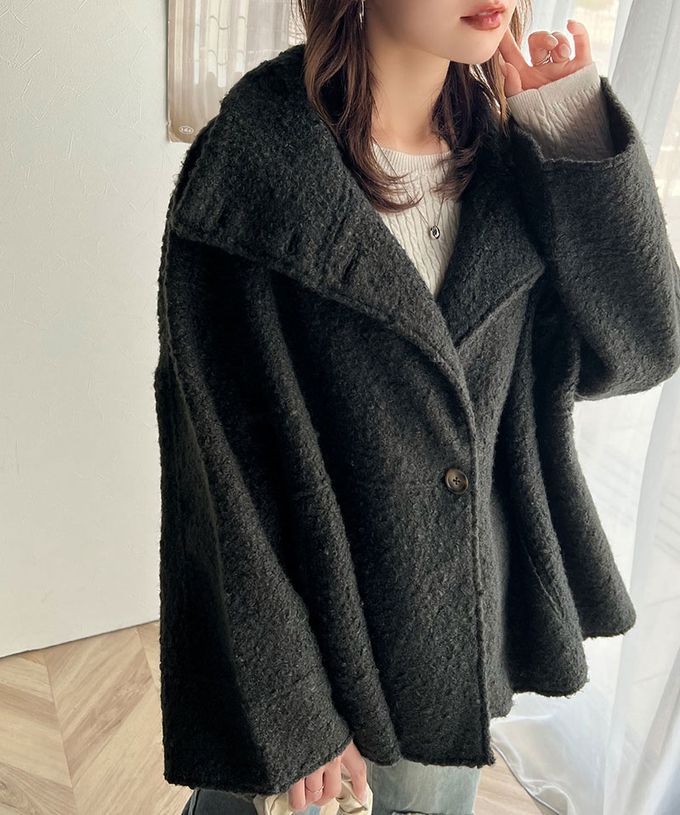 日本 Classical Elf - 玳帽扣時尚立領廓形毛絨大衣-米白