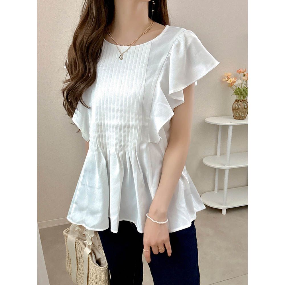 氣質線條圓領荷葉短袖上衣-白 (F)