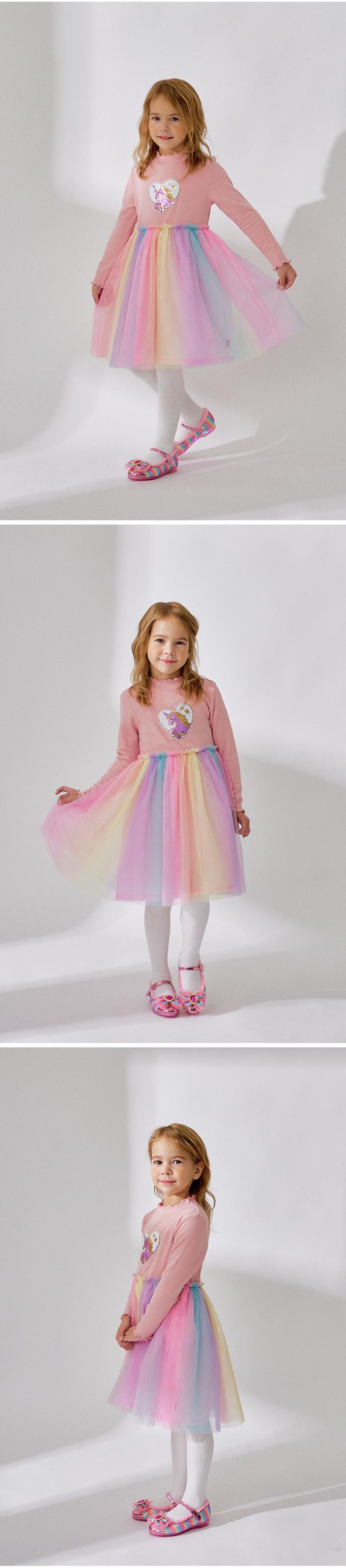 韓國 OZKIZ - 亮片獨角獸拼接繽紛網紗洋裝-粉