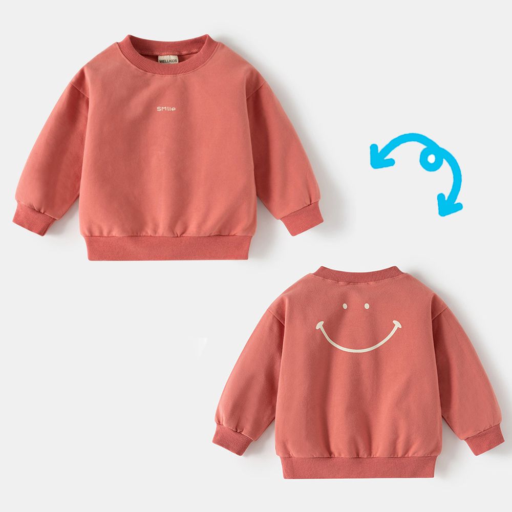 圓領棉質長袖上衣/大學T-微笑-橘紅