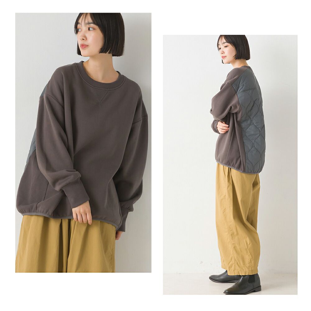 日本 OMNES - 絎縫拼接落肩長袖上衣-石墨灰