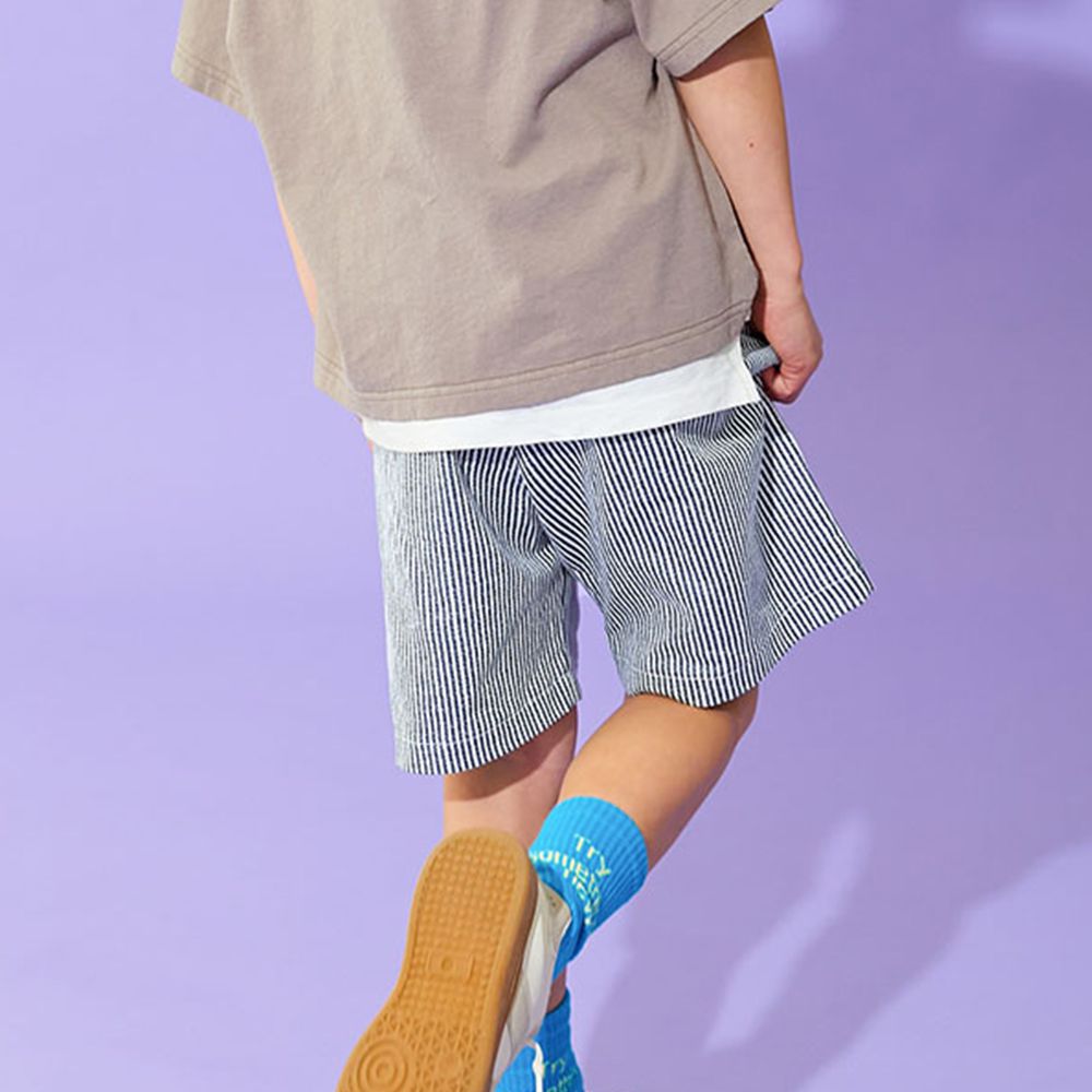 夏日印花純棉寬版短褲-直條紋-海軍藍