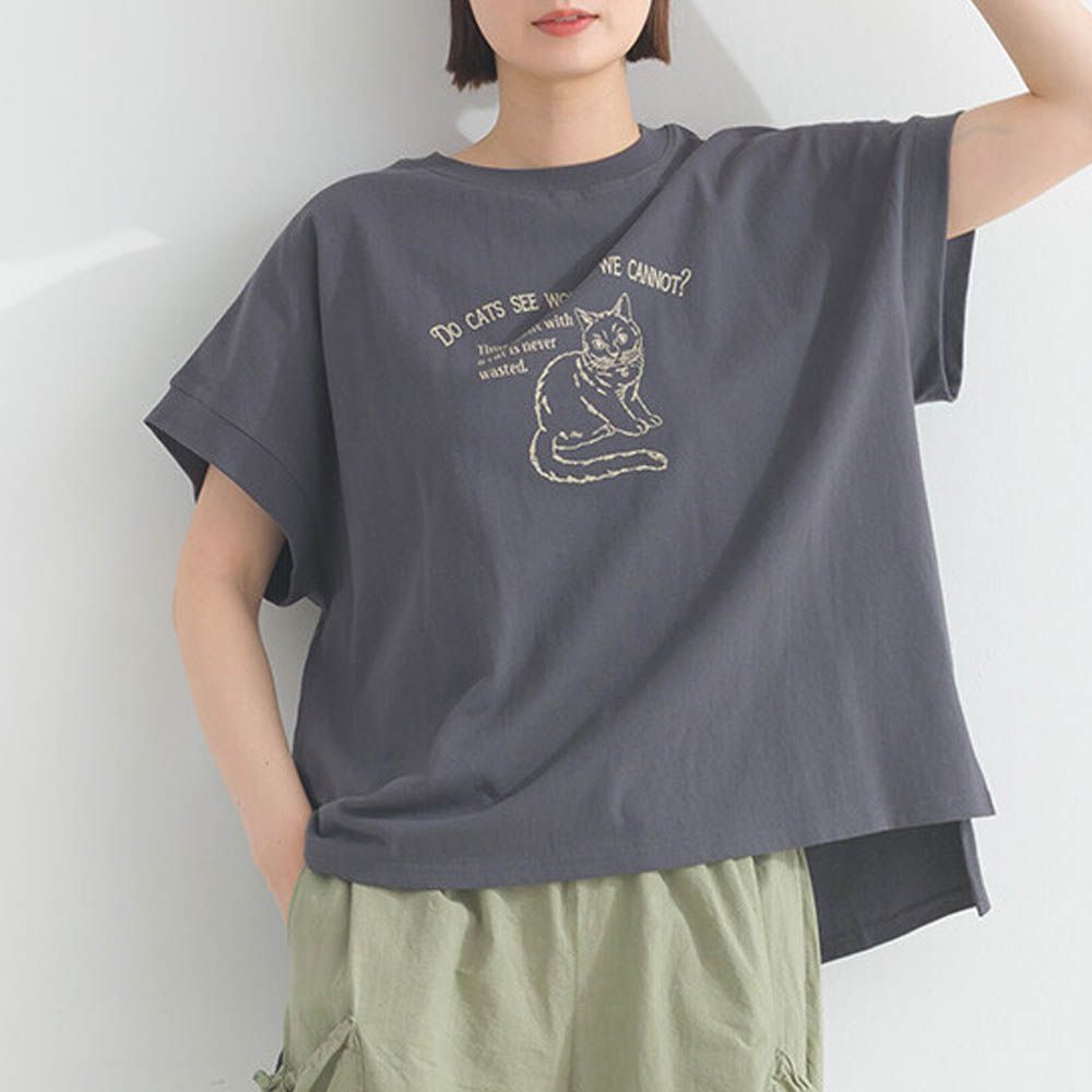 16OE天竺棉 貓咪印花短袖上衣-炭灰