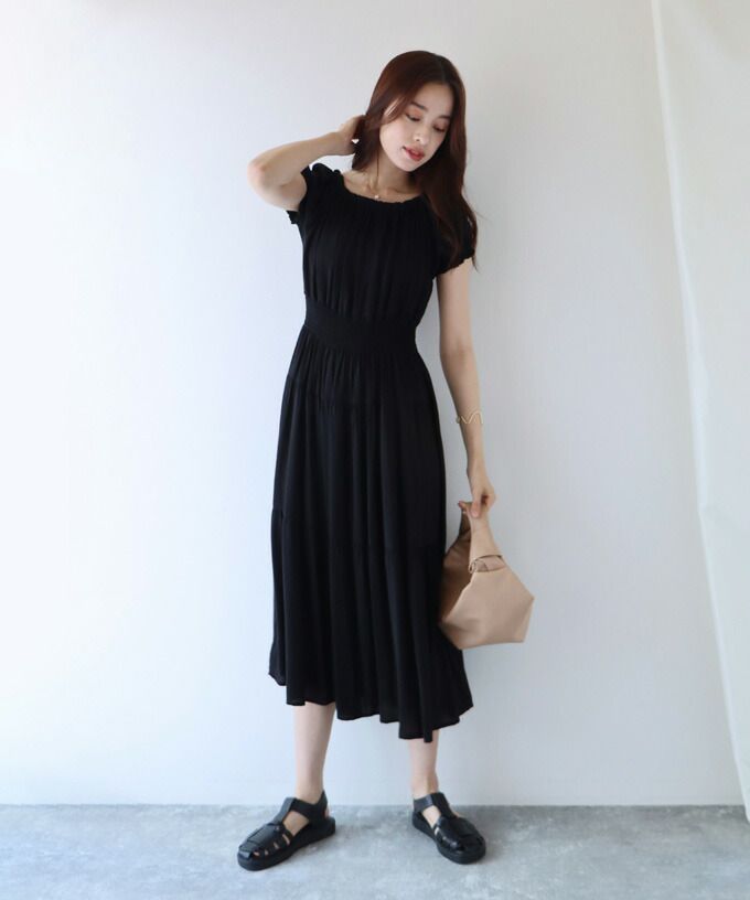 日本 BLUE EAST - 絕美平口縮腰泡泡袖洋裝-碎花-藍