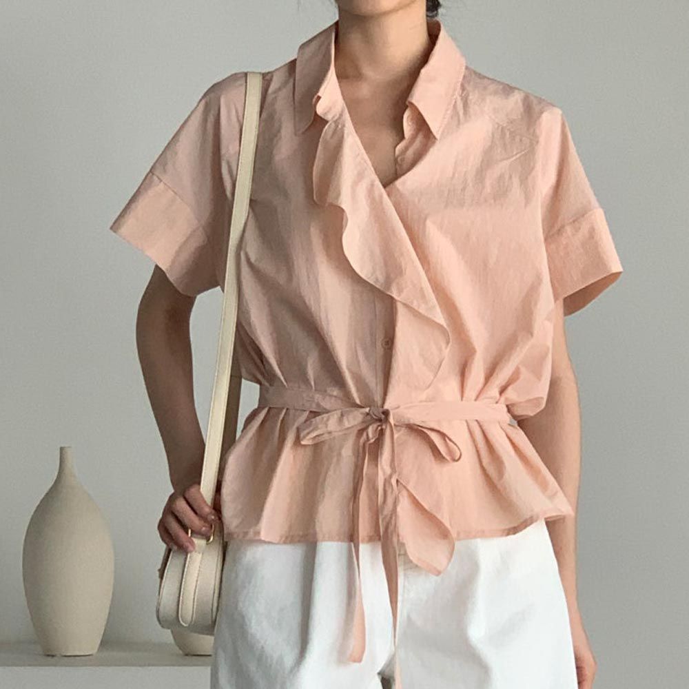 韓國女裝連線 - 波浪邊裝飾微透綁帶襯衫-粉橘 (FREE)