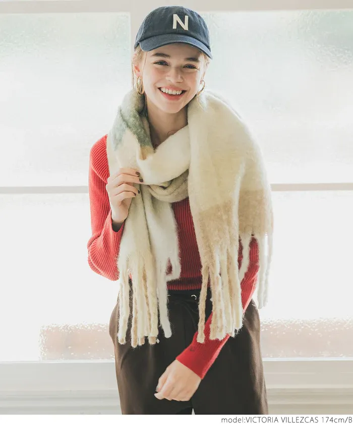 日本 COCA - 毛海大流蘇格紋圍巾/披肩-杏黃