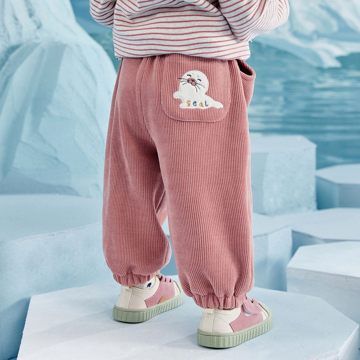 加絨加厚燈芯絨休閒長褲-海豹-粉色