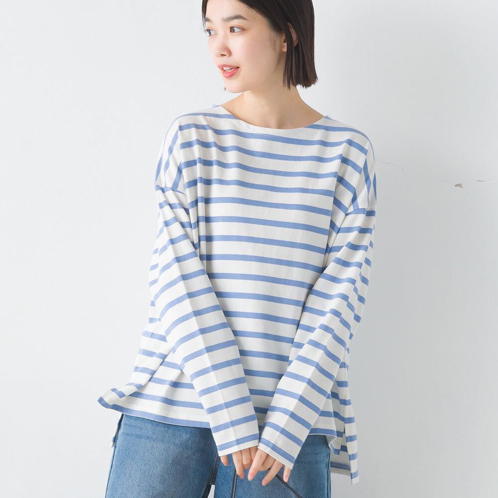 日本 OMNES - [定番]純棉厚磅條紋長袖上衣-水藍x白