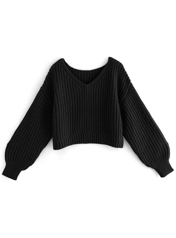 日本 GRL - 聯名款 V領鉤針編輯泡泡袖毛衣-卡其 (F)