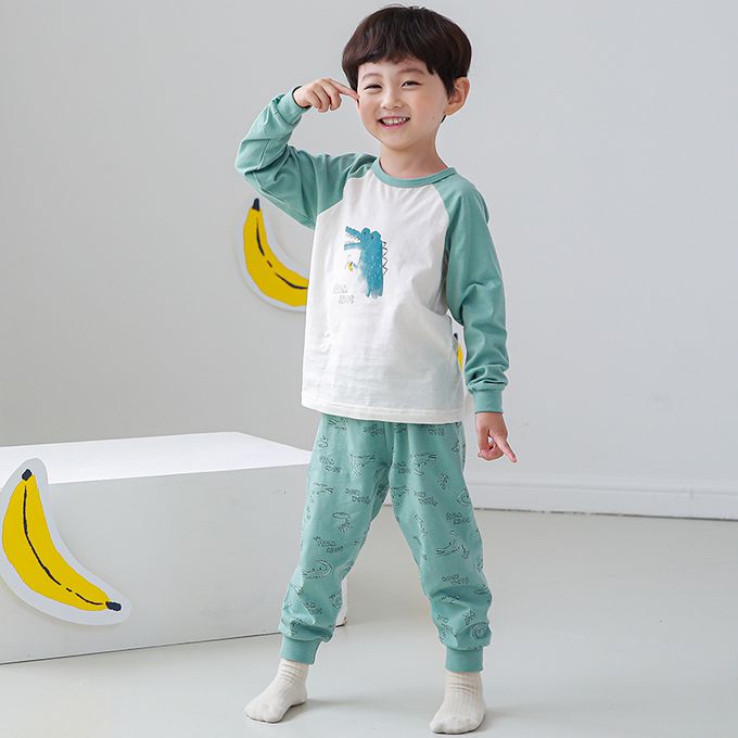 正韓 Cogibu - 極舒適無螢光劑 100% 有機棉幼兒/兒童睡衣/家居服套裝組-小鱷魚