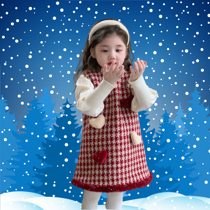 法式小淑女千鳥格毛呢背心洋裝配貝雷帽 女童洋裝 紅色