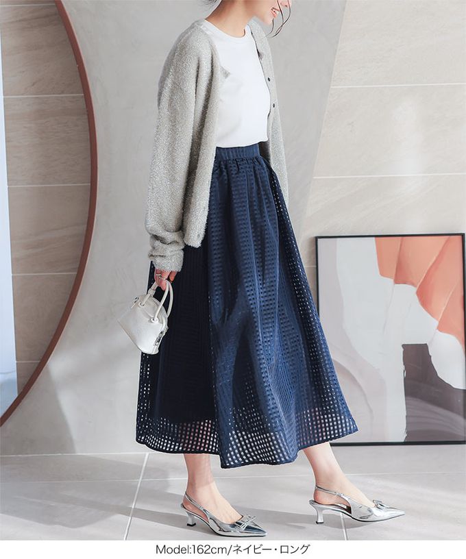 日本 Kobe Lettuce - 清爽透明格子鬆緊長裙(有口袋)-可選長度-海軍藍