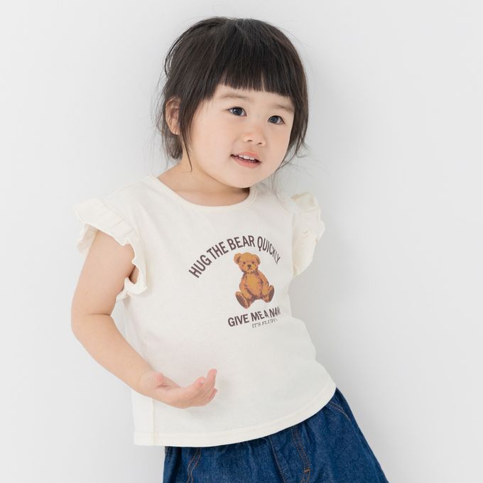 日本 Chil2 - 100%棉 荷葉邊女孩印花短袖上衣-糖果包包-水藍