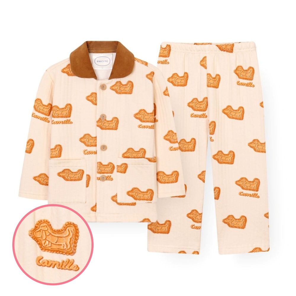 (男女寶適穿)空氣感柔軟棉翻領長袖睡衣套裝-狗狗餅乾-杏膚