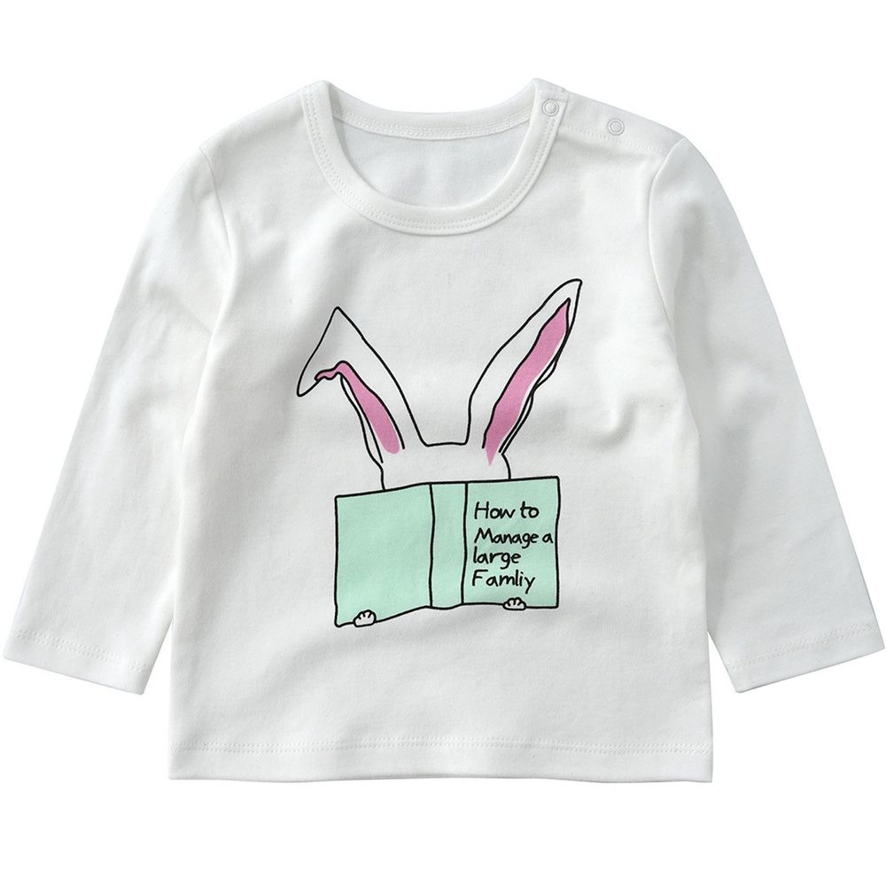 Minizone - 閱讀動物長袖T恤-無肩扣-白色兔子