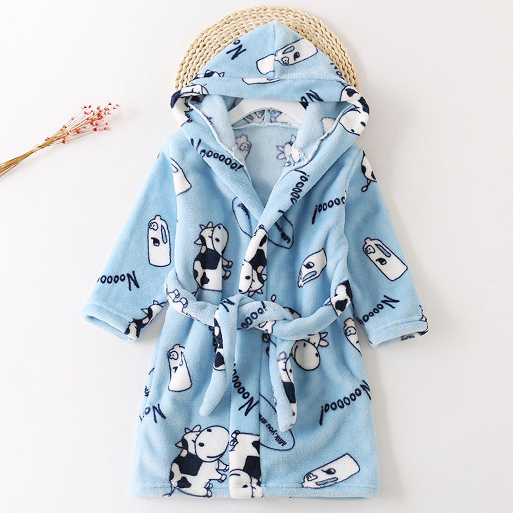 超柔軟珊瑚絨浴袍睡衣-藍色乳牛