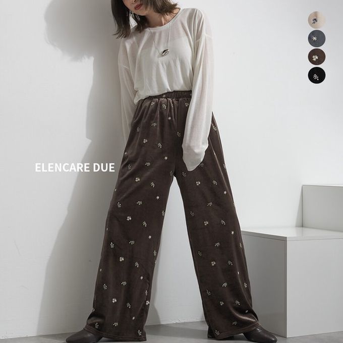 日本 ELENCARE DUE - 魅力光澤絨面舒適長褲-小花刺繡-黑