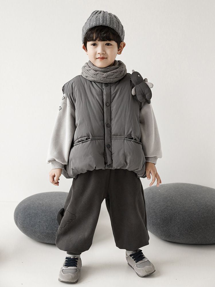 TONGMO - (加絨)腰鬆緊休閒束口長褲-描邊恐龍-深灰色