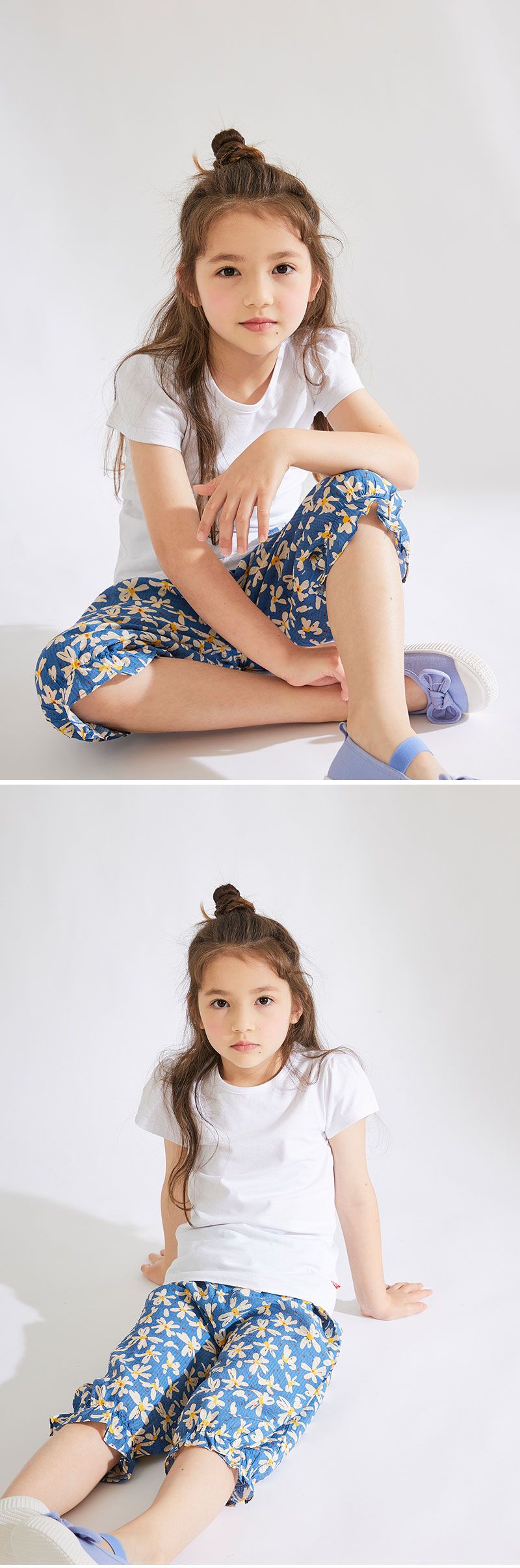 韓國 OZKIZ - 鬆緊腰白色花朵縮口褲