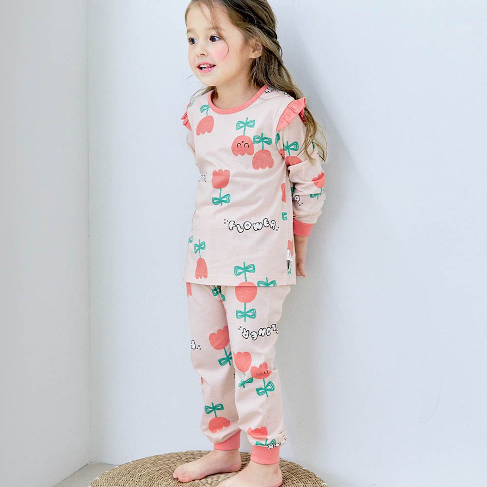 細緻柔棉薄長袖家居服-鬱金香-淡粉橘