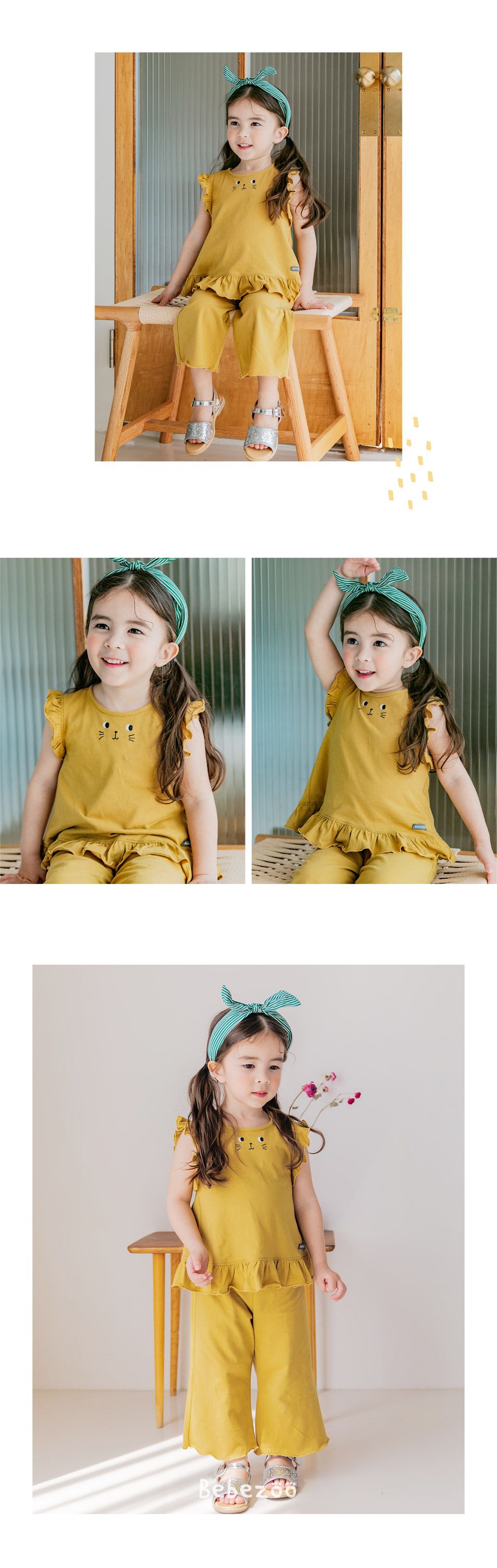 韓國 Bebezoo - 荷葉無袖小貓套裝-芥末黃