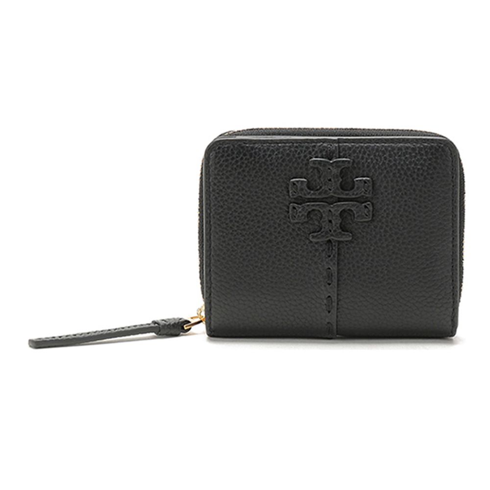素面皮革拉鍊二折短夾 (黑色)