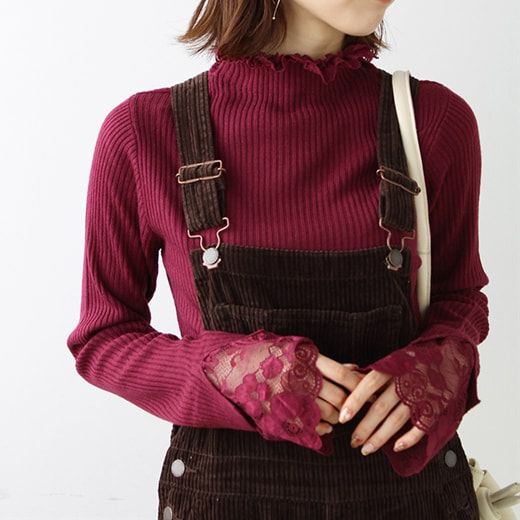 日本 BELLUNA - 優雅蕾絲拼接羅紋針織上衣-沙杏