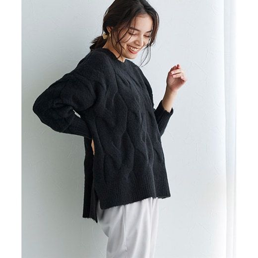 日本 Pierrot - 柔軟波浪紋針織毛衣-簡約黑