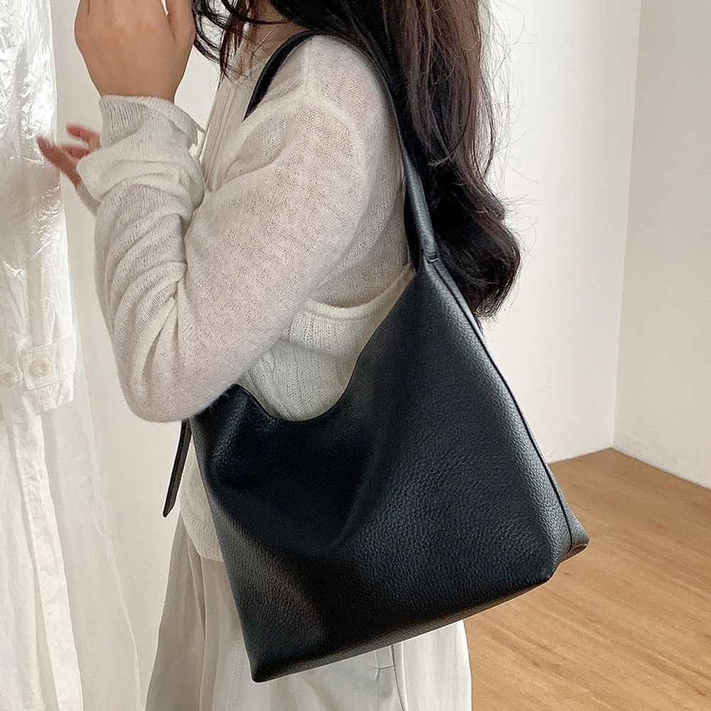 韓系小眾復古時尚單肩方包-皮革款-黑