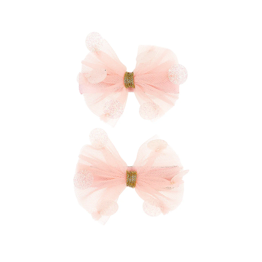 粉紗亮片蝴蝶髮夾2入組